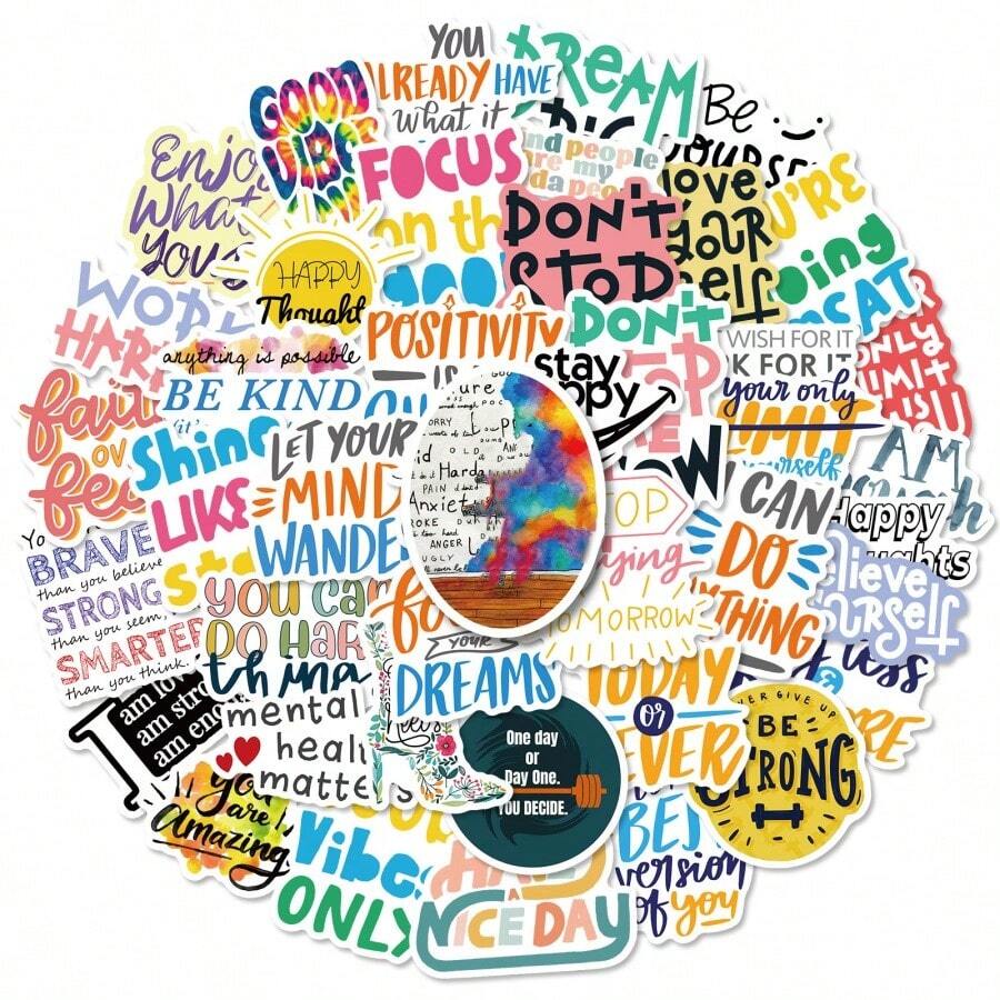 50入組啟發性文字貼紙,用於願景板,英文diy拼貼材料,學生學習標籤貼紙附有小圖形 - 彩色 - 查看 1