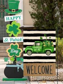 1面聖帕特里克節裝飾掛旗,綠色字母,歡迎帽,小妖精,貓和三葉草設計,適用於室內和室外使用 - 杏色 - 查看 6