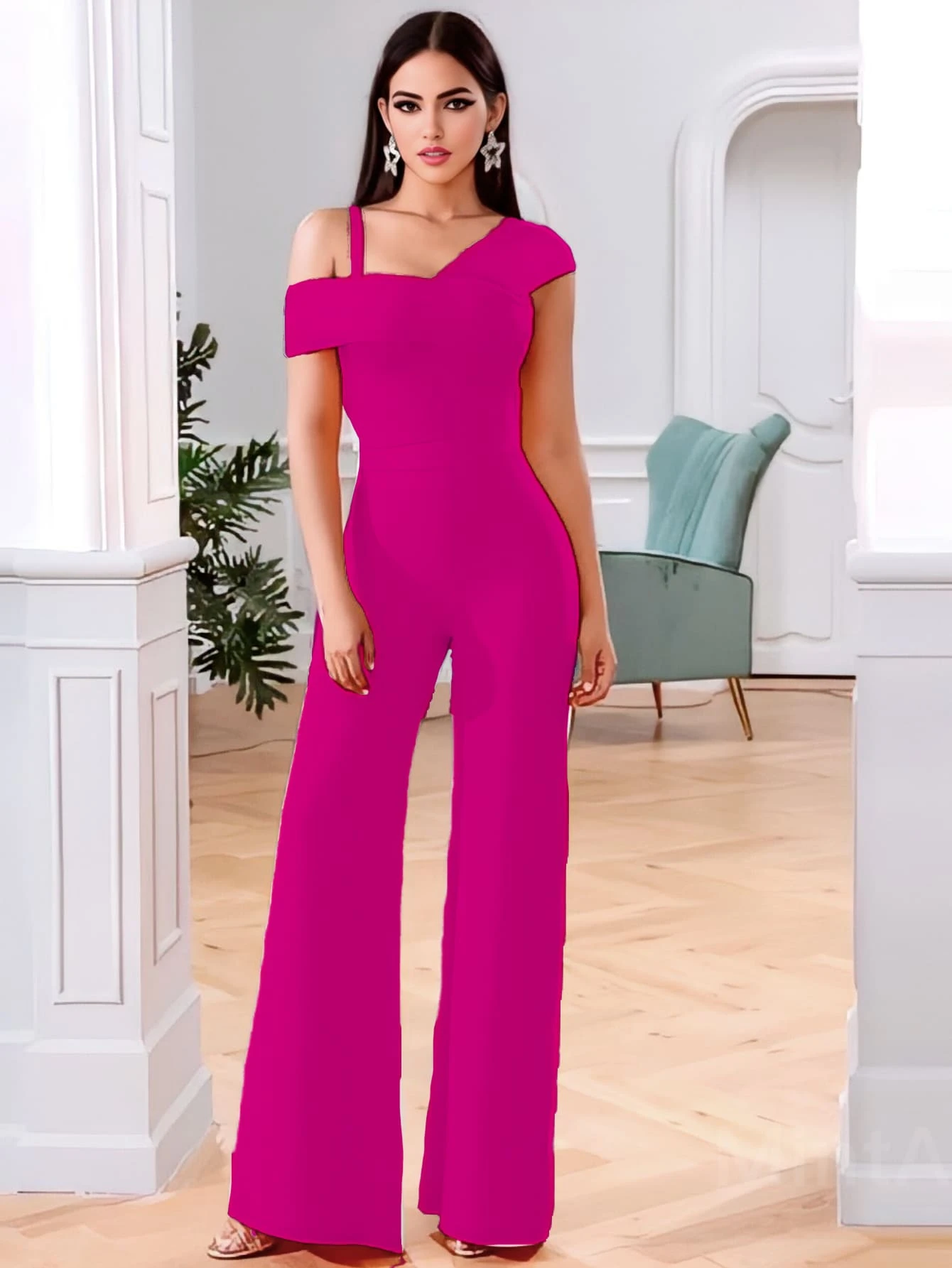 Fashion Fitted Asymmetrical Palazzo - 玫紅色 - 查看 1