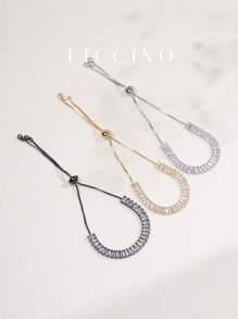 FICCINO 鍍金寬方晶鋯石網球手鍊,帶流蘇,可調式抽繩,適合日常佩戴和所有場合,女士手鍊 - 寬版網球手鍊 - 查看 1