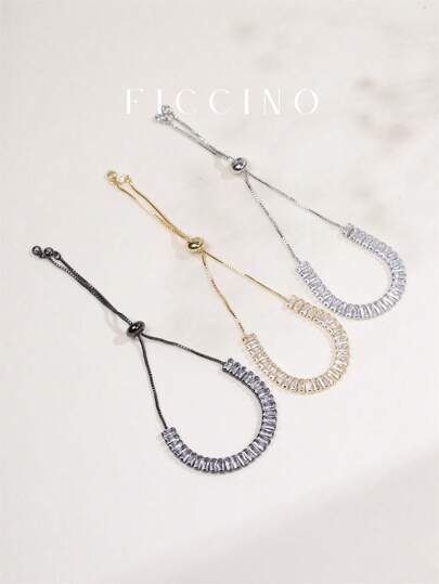 FICCINO Gold Plated Wide Cz Tennis Bracelet With Tassels, Adjustable Drawstring, Suitable For Daily Wear And All Occasions, Women's Bracelet