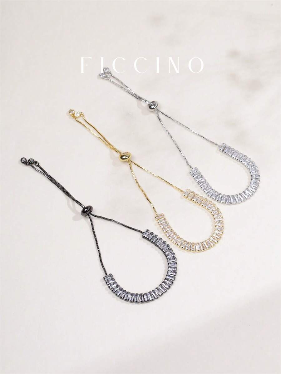 FICCINO 鍍金寬方晶鋯石網球手鍊,帶流蘇,可調式抽繩,適合日常佩戴和所有場合,女士手鍊 - 寬版網球手鍊 - 查看 1