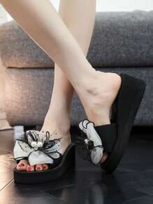 Women's Slippers Summer Outside 2021 New Fashion All-Match Bowtie Sandals Comfortable Anti-Slip High-Heeled Beach Shoes Valentines