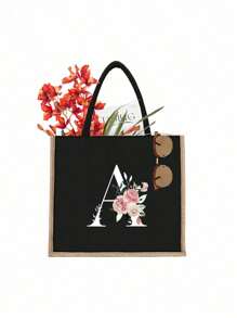 1入字母印花黑色手提包,黃色亞麻邊緣設計簡單大方,情人節禮物,為女性伴娘的個性化婚禮禮品袋,化妝包,旅行簡易收納袋,大容量旅行化妝包:非常適合戶外美容！適合婚禮、生日、沙灘和假期,是女性、母親、教師、朋友和伴娘的絕佳禮物。大包適合學生、返校和教師。它是一個輕便的休閒收納手提包,一個多功能購物袋,一個新設計,大容量,是理想的購物選擇。手提包、午餐袋,適合男女、情侶、日常使用、約會、生日、假期和返校,夏季、度假、海灘、旅行、上下班、商務、學生、野餐、露營、超市、日常收納 - 黑色 - 查看 20