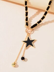 1pc Designer Stylish Star Charm And Ball Pendant Tassel Braided Long Necklace Women Party Daily Jewelry - Five Stars - View 3