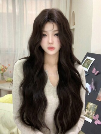 alicegarden Anterior Forehead Lace Long Natural Wave, Center Split Wig,Anterior Forehead-Shaped Lace 4*1 Black Brown 28 Inch Semi Woven Daily Natural, Smooth And Realistic Wig