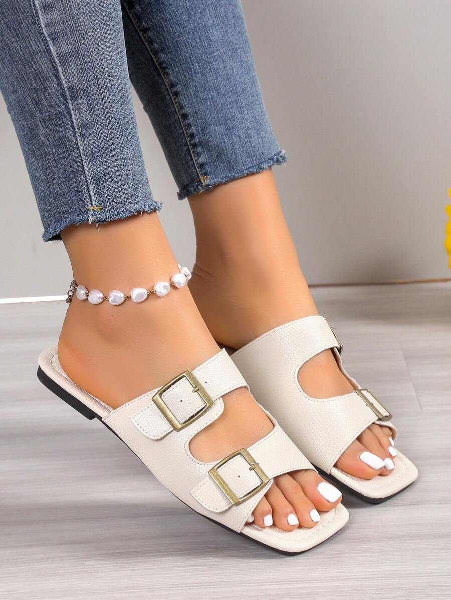 Hàng mới đến Bằng phẳng Đúng mốt Dép đi trong nhà Với thắt lưng Khóa , Đối với phụ nữ & , Đơn giản Và , Đáy mềm Mùa hè Dép xăng đan , Thích hợp Đối với Ngoài trời Mặc - trắng - Xem 1