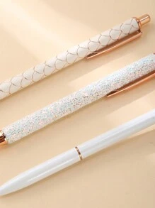 3入組辦公桌用白色圆珠笔套装,金属水晶钻笔座搭配多款式笔,黑色墨水,闪闪发光,是女性,女孩子办公桌的理想组织者和情人节礼物 - 白色 - 查看 6