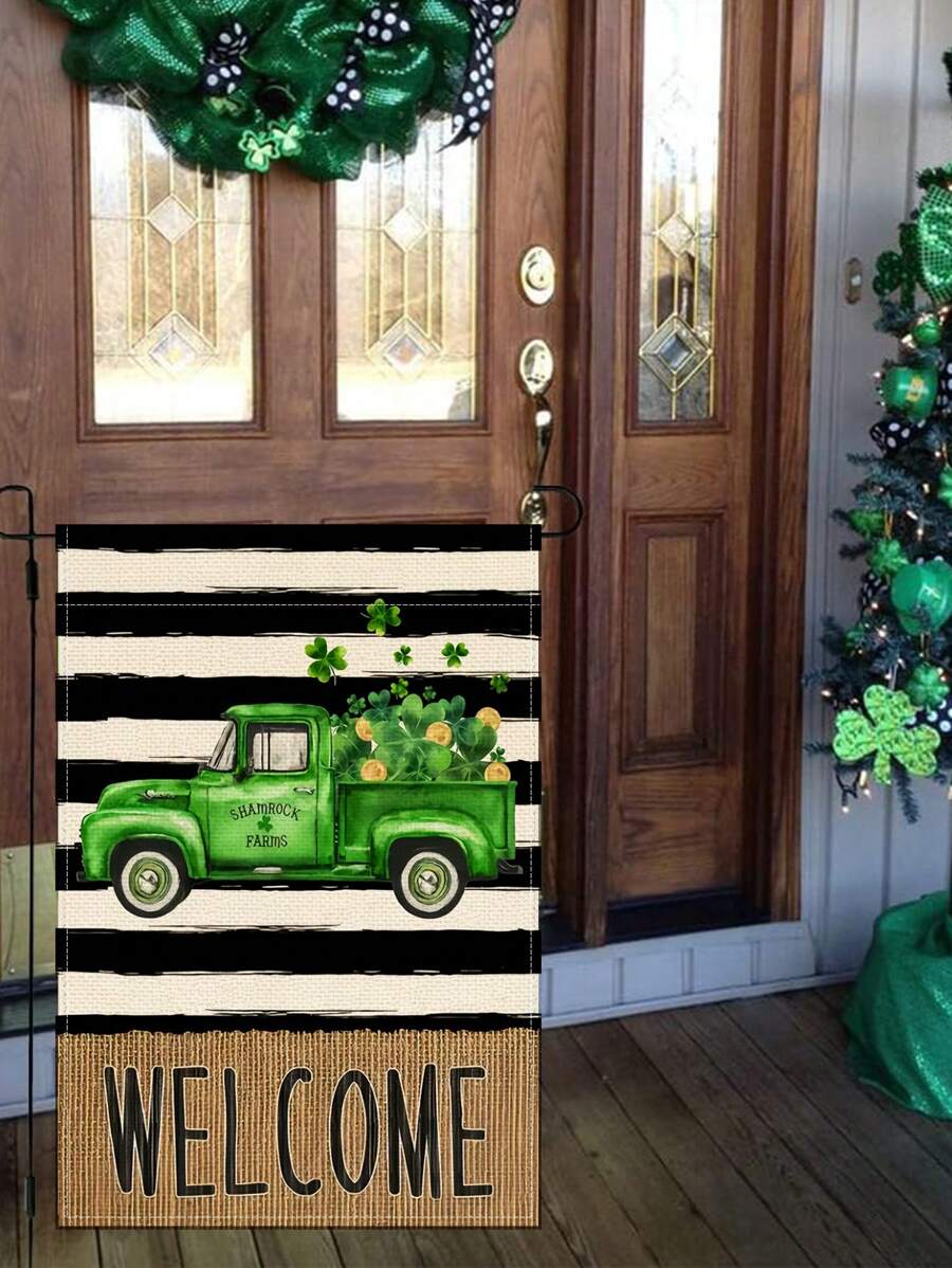 1面聖帕特里克節裝飾掛旗,綠色字母,歡迎帽,小妖精,貓和三葉草設計,適用於室內和室外使用 - 杏色 - 查看 1