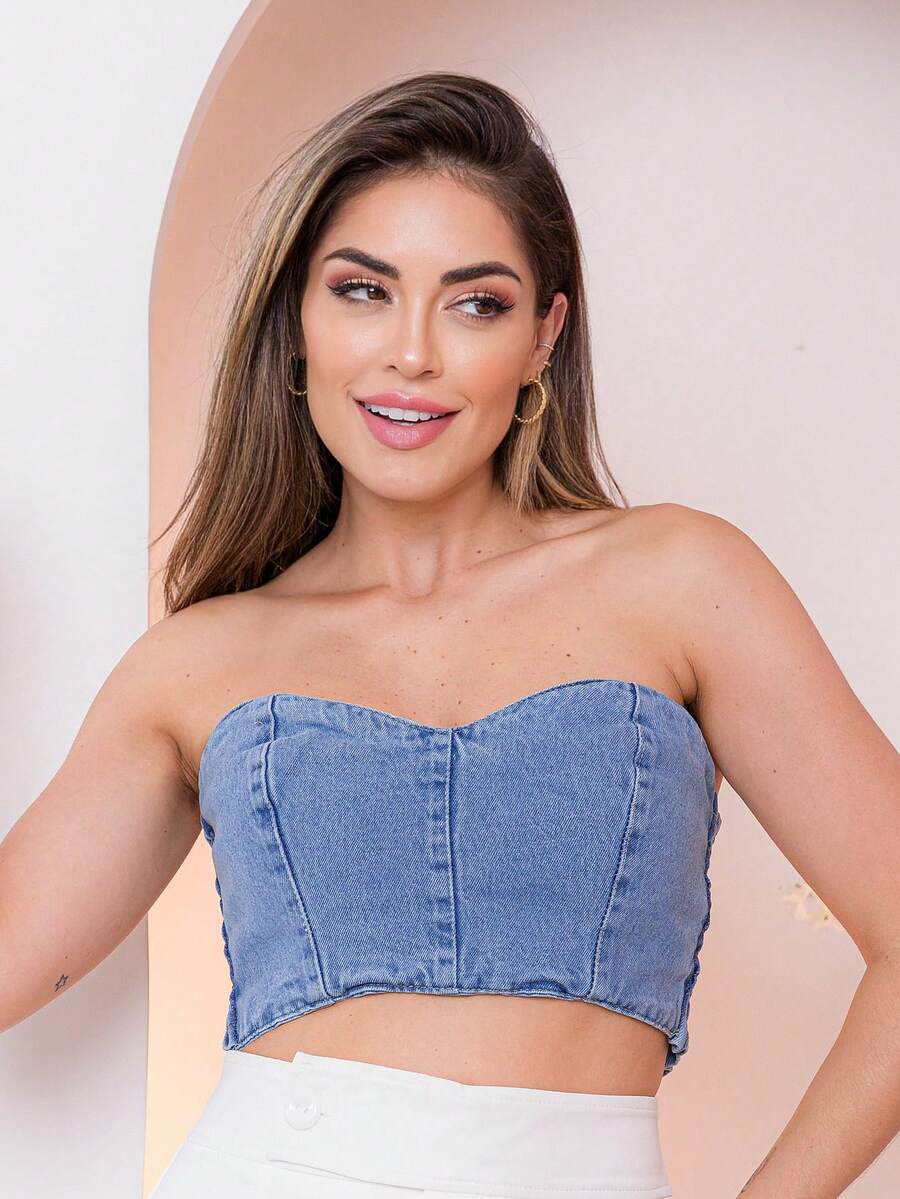 Women Denim Tops - 淺色水洗藍 - 查看 1