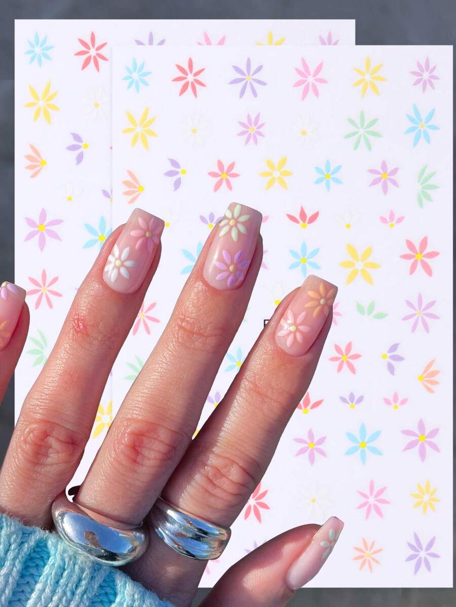 2pcs Flower Nail Stickers Decals Simple Pink Blue Colorful Flowers 3D Nail Art Adhesive Sliders Decorations Manicure DIY - Multicolor - View 1