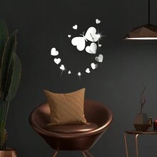 14pcs Butterfly & Heart Shaped Acrylic Mirror Wall Stickers, Living Room Background Decoration, Creative Wall Decals For Hallway - Silver - View 5