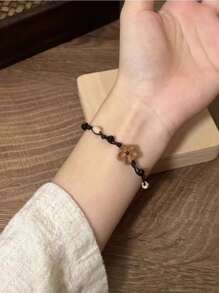 1pc Black New Chinese Style Peach Blossom Elegant Oriental Handmade Adjustable Woven Bracelet, Suitable For Women's Daily Wear