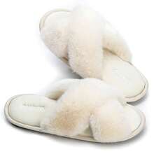 Women's Slippers Cross Band Soft Plush Furry Open Toe House Shoes Indoor Warm Comfy Cozy Bedroom Flats Slide - 白色 - 查看 3