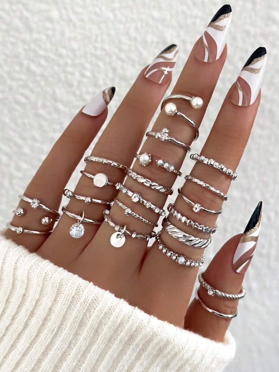 Set Di 22 Anelli Alla Moda, Eleganti Anelli Geometrici Decorati Con Perle Di Plastica E Strass, Perfetti Per L'uso Quotidiano Delle Donne