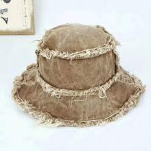1pc Unisex Distressed Denim Washed Bucket Hat With Frayed Edge, Casual Wide Brim Solid Color Bucket Hat For Streetwear, Sun Protection, Cycling And Bohemian Style