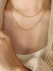 Nooxian 2 Stücke/set Frauen Doppelt Geschichtete Welle Wasser Schlangenknochen Halskette, Edelstahl Goldfarbene Schlüsselbeinkette - Goldgelb - Übersicht 1