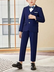 3pcs/Set Young Boy New Fashion Wedding Suit - Blazer Jacket, Pants, Bow Tie - Navy Blue - View 5