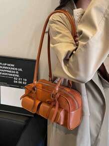 時尚棕色麂皮復古蝴蝶結裝飾波士頓單肩包,帶有多個口袋 - 棕色 - 查看 3