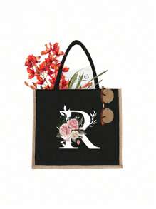 1入字母印花黑色手提包,黃色亞麻邊緣設計簡單大方,情人節禮物,為女性伴娘的個性化婚禮禮品袋,化妝包,旅行簡易收納袋,大容量旅行化妝包:非常適合戶外美容！適合婚禮、生日、沙灘和假期,是女性、母親、教師、朋友和伴娘的絕佳禮物。大包適合學生、返校和教師。它是一個輕便的休閒收納手提包,一個多功能購物袋,一個新設計,大容量,是理想的購物選擇。手提包、午餐袋,適合男女、情侶、日常使用、約會、生日、假期和返校,夏季、度假、海灘、旅行、上下班、商務、學生、野餐、露營、超市、日常收納 - 黑色 - 查看 27