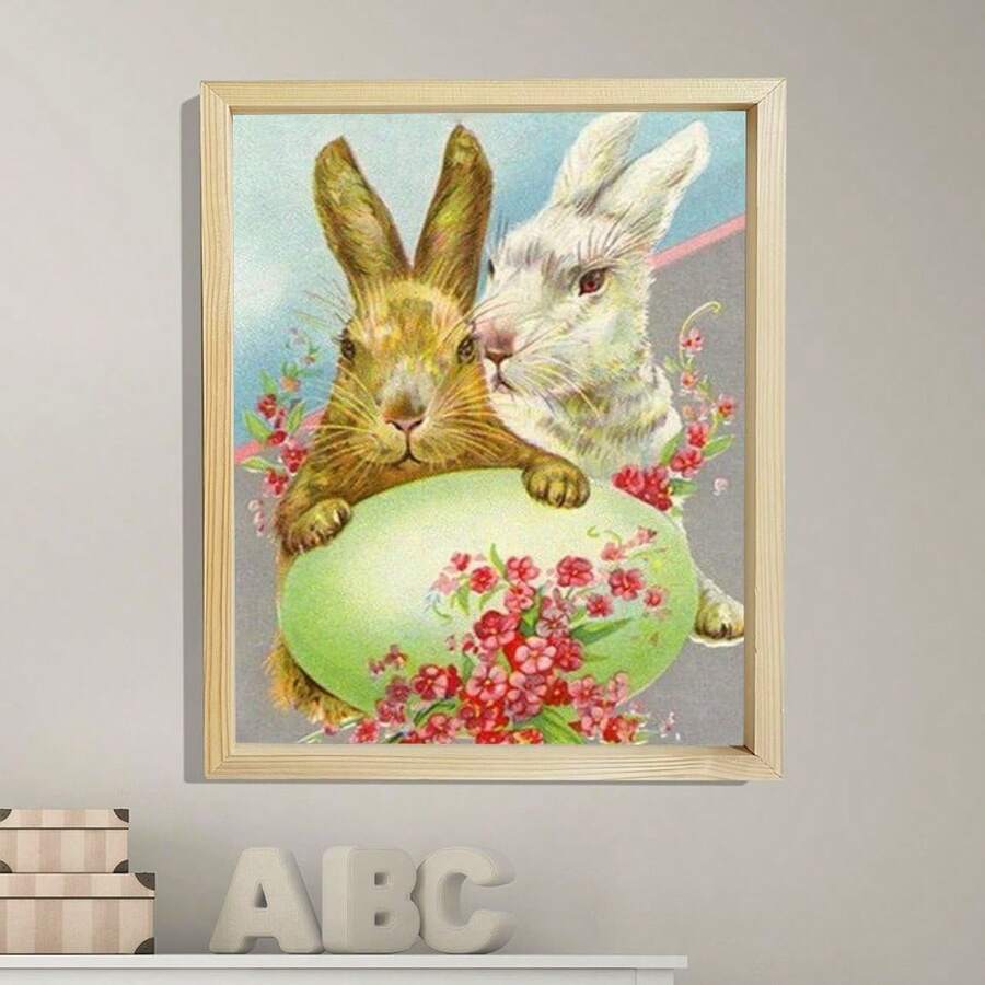 1入組鑽石畫復活節裝飾，2024新款鑽石刺繡兔子全圓形馬賽克蛋動物手工愛好 - 杏色 - 查看 1