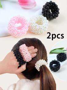 2入組女童彈性人造珍珠髮帶，簡約髮帶，髮飾 - 黑色 - 查看 2