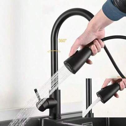 厨房水槽龙头，带下拉式喷头，冷热水双出水，不锈钢拉丝表面，双出水口，可伸缩旋转，厨房用品，厨房配件，厨房工具