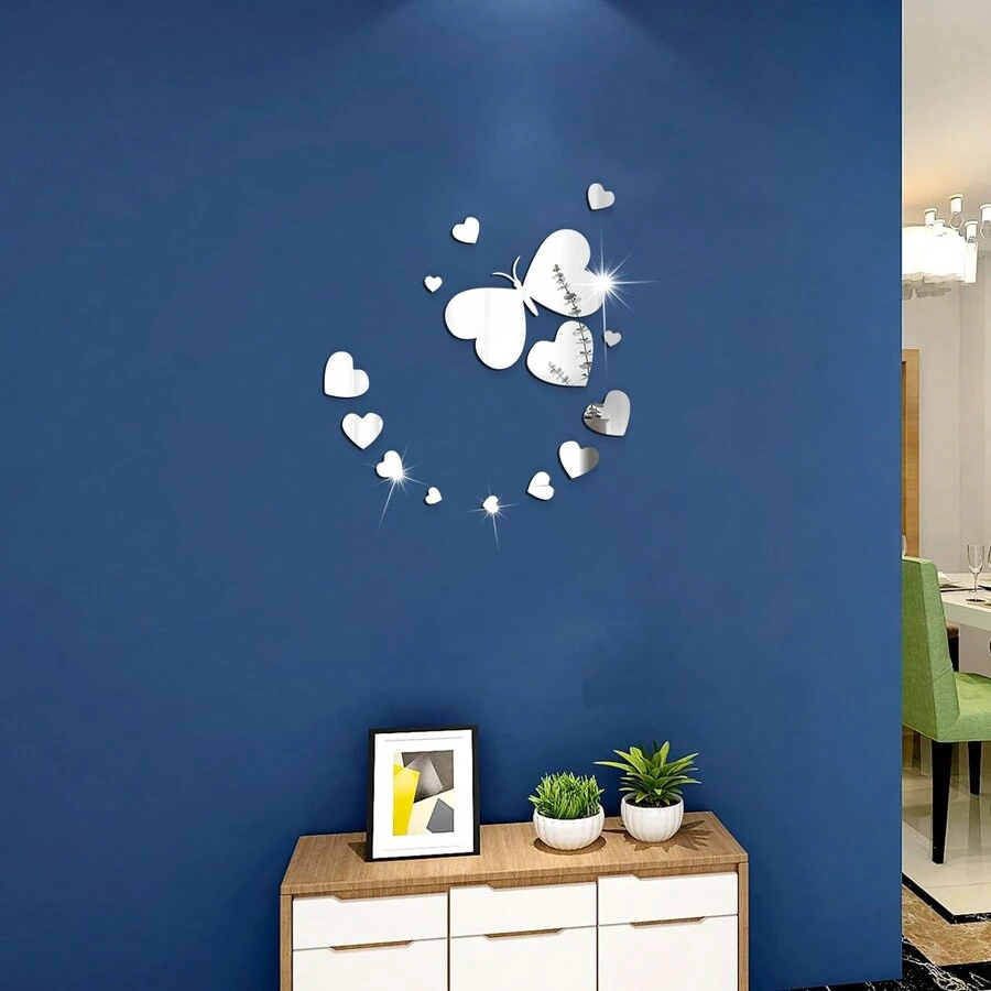 14pcs Butterfly & Heart Shaped Acrylic Mirror Wall Stickers, Living Room Background Decoration, Creative Wall Decals For Hallway - Silver - View 1