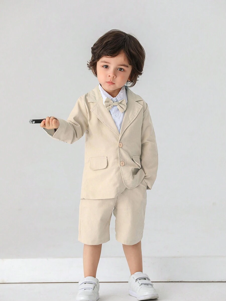 BOARNSEORL 2pcs Baby Boys Gentleman Suit Set: Blazer Jacket With Bowknot And Trousers, Suitable For Birthday Party, Formal Occasion, Wedding - Apricot - View 1