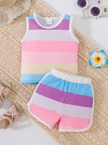 2pcs Baby Girls' Color Block Striped Vest And Shorts Set, Spring/Summer