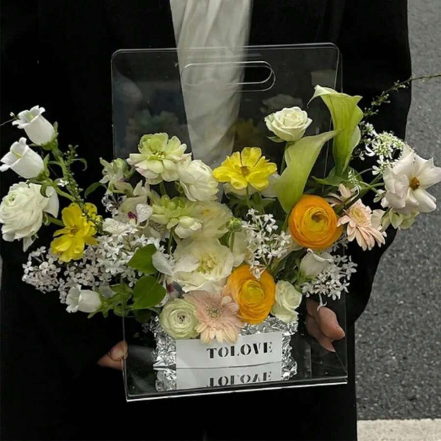 1pc Transparent Acrylic Gift Bag, Rose Floral Handbag Packaging Box, Festival Party Candy Gift Box, Portable Carrier Bag, Gift Wrapping Box - Clear - View 1