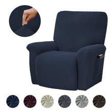 Stretch Recliner Cover, 4-Piece Anti-Slip Sofa Cover Jacquard Spandex Chair Cover With Bottom Side Pocket, Fleece Furniture Sofa Protector For Living Room, Bedroom - Navy Blue - View 3