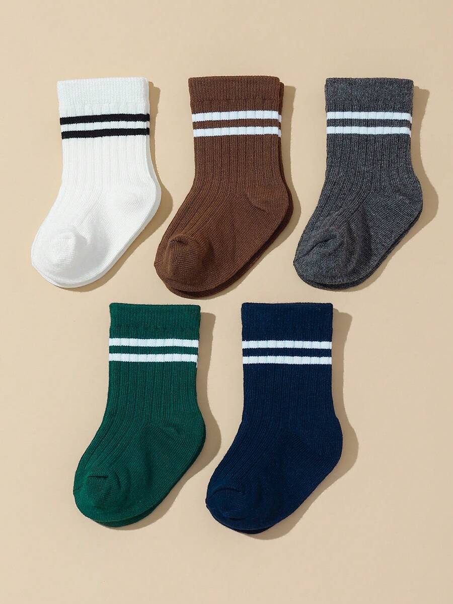5 Pairs/Set Baby Boys' Double Needle Solid Color Mid-Tube Socks - Multicolor - View 1