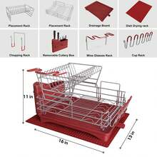 Red Dish Rack, 2 Tier Large Dish Drainer With Drip Tray, Stainless Steel Dish Drying Rack With Swivel Drainage Spout, Utensil Holder And Drying Mat, Draining Rack For Kitchen Sink - Red - View 5