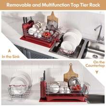 Red Dish Rack, 2 Tier Large Dish Drainer With Drip Tray, Stainless Steel Dish Drying Rack With Swivel Drainage Spout, Utensil Holder And Drying Mat, Draining Rack For Kitchen Sink - Red - View 4