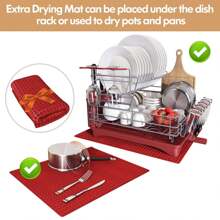 Red Dish Rack, 2 Tier Large Dish Drainer With Drip Tray, Stainless Steel Dish Drying Rack With Swivel Drainage Spout, Utensil Holder And Drying Mat, Draining Rack For Kitchen Sink - Red - View 6