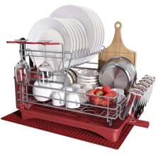 Red Dish Rack, 2 Tier Large Dish Drainer With Drip Tray, Stainless Steel Dish Drying Rack With Swivel Drainage Spout, Utensil Holder And Drying Mat, Draining Rack For Kitchen Sink - Red - View 1