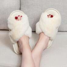 Women's Slippers Cross Band Soft Plush Furry Open Toe House Shoes Indoor Warm Comfy Cozy Bedroom Flats Slide - 白色 - 查看 6