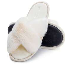 Women's Slippers Cross Band Soft Plush Furry Open Toe House Shoes Indoor Warm Comfy Cozy Bedroom Flats Slide - 白色 - 查看 4