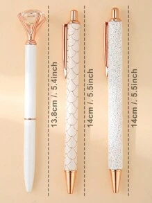 3入組辦公桌用白色圆珠笔套装,金属水晶钻笔座搭配多款式笔,黑色墨水,闪闪发光,是女性,女孩子办公桌的理想组织者和情人节礼物 - 白色 - 查看 5