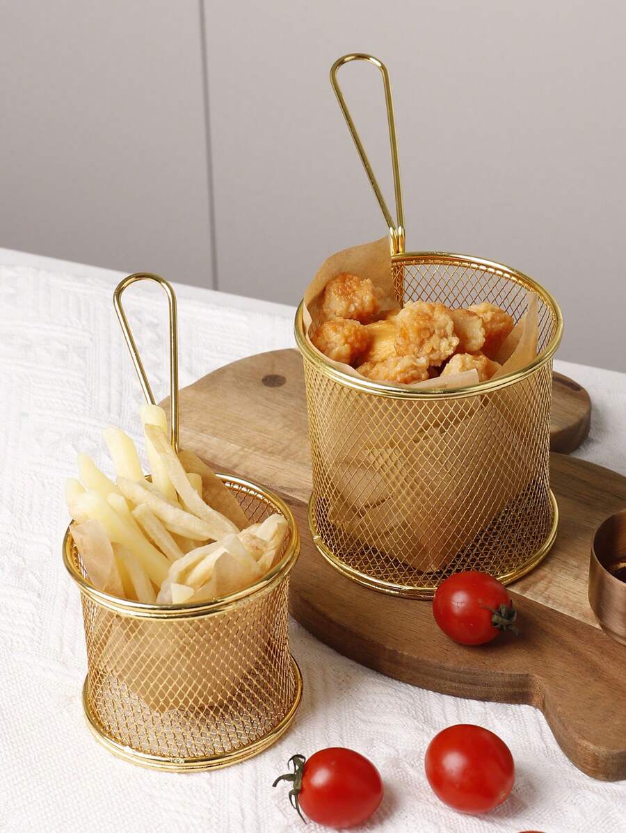 1只帶手柄的金色鐵絲炸籃,可選擇8cm / 10cm直徑的圓形網狀炸籃,適用於炸薯條、炸鍋、小型桌面炸籃。 - 金色 - 查看 1