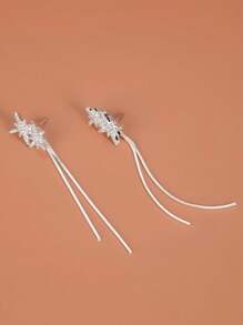 1對女士星星鑽石&流蘇耳環,日常生活和派對的百搭配飾 - 銀色 - 查看 10