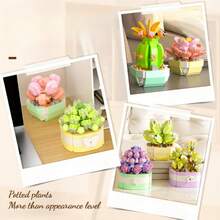 Diy搭配積木編織花盆,花園植物積木盆栽,花卉模型積木,拼貼玩具 - 黃綠色 - 查看 5