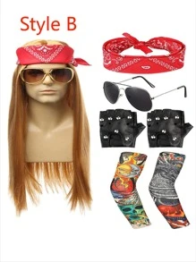 7入組70年代80年代搖滾樂手服裝重金屬假髮男女嬉皮假髮,附頭巾、太陽鏡、朋克手套、紋身袖套,適用於80年代朋克派對配件 - 彩色 - 查看 12