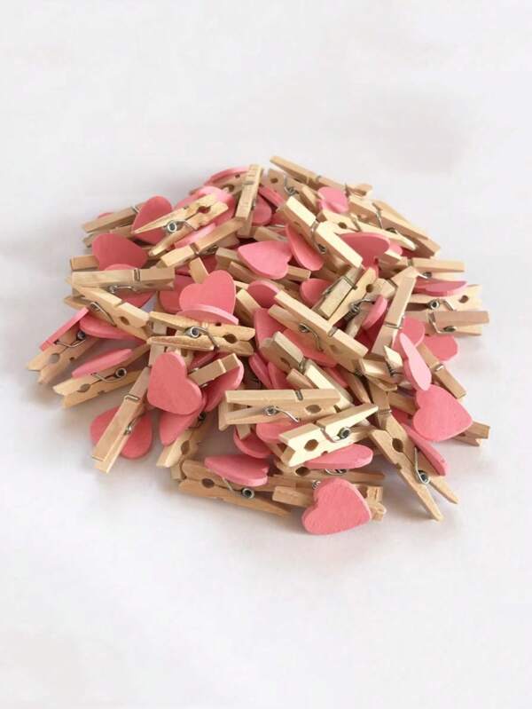 20pcs Red Heart-Shaped Clips, Wooden Heart Clothes Photo Paper Peg Mini Clothespins Decorative For Home Wedding Party Stationery