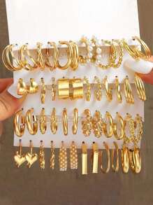 48入組女孩珍珠圓形和心形耳環套裝 - 金黃色 - 查看 1