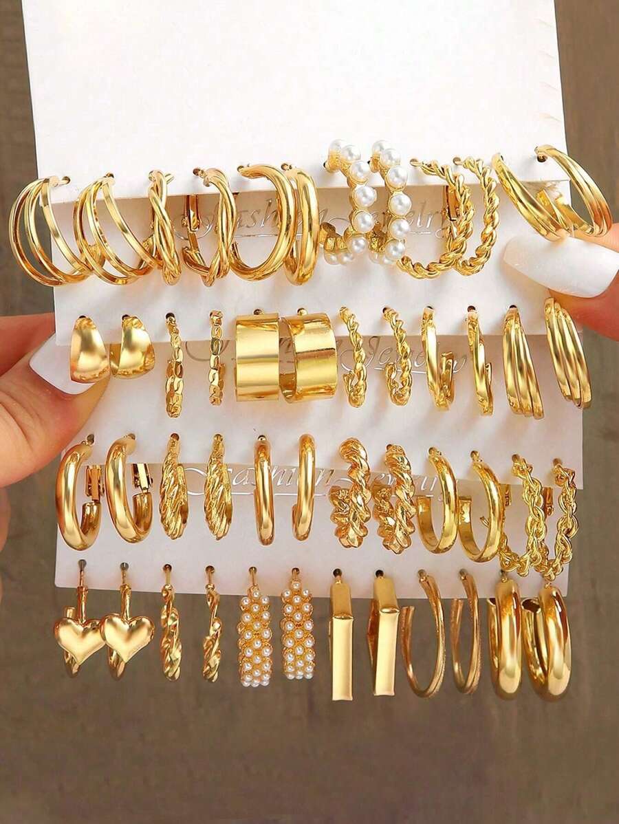 48入組女孩珍珠圓形和心形耳環套裝 - 金黃色 - 查看 1