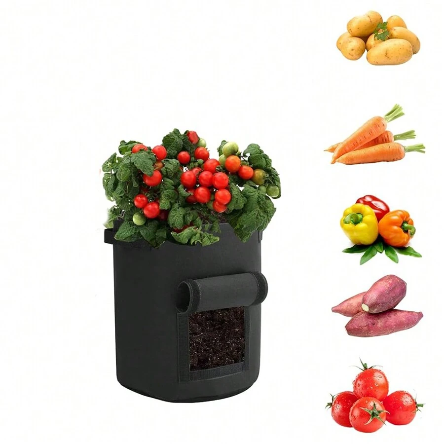 1入組黑綠色盆栽袋容易收穫的種植盆,帶有帶口和手柄,適用於馬鈴薯,番茄和其他蔬菜,具有通風透氣無紡布土豆種植袋和帶口窗戶的重型通氣石墨盆,帶手柄適用於花園和種植 - 黑色 - 查看 1