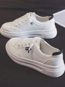 韓式時尚休閒春季新款平底鞋,白色運動休閒鞋適用於休閒活動和運動 - 白黑 - 查看 1
