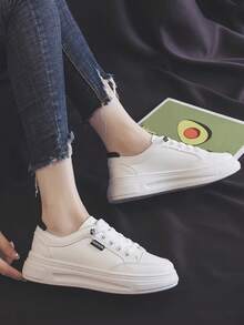 韓式時尚休閒春季新款平底鞋,白色運動休閒鞋適用於休閒活動和運動 - 白黑 - 查看 4